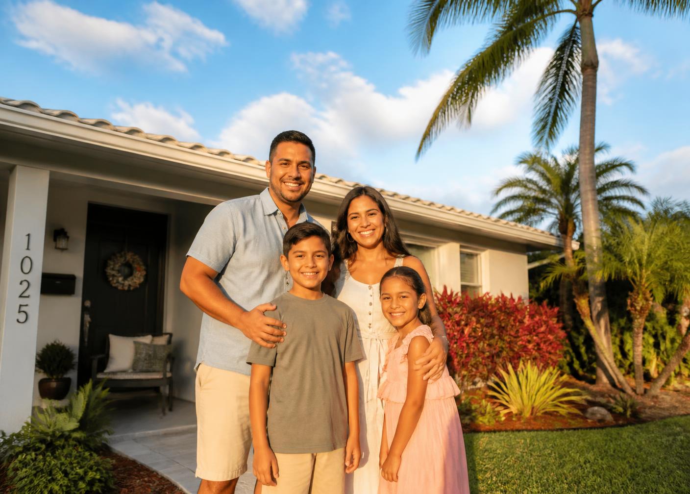 Hispanic family standing outside their South Florida home