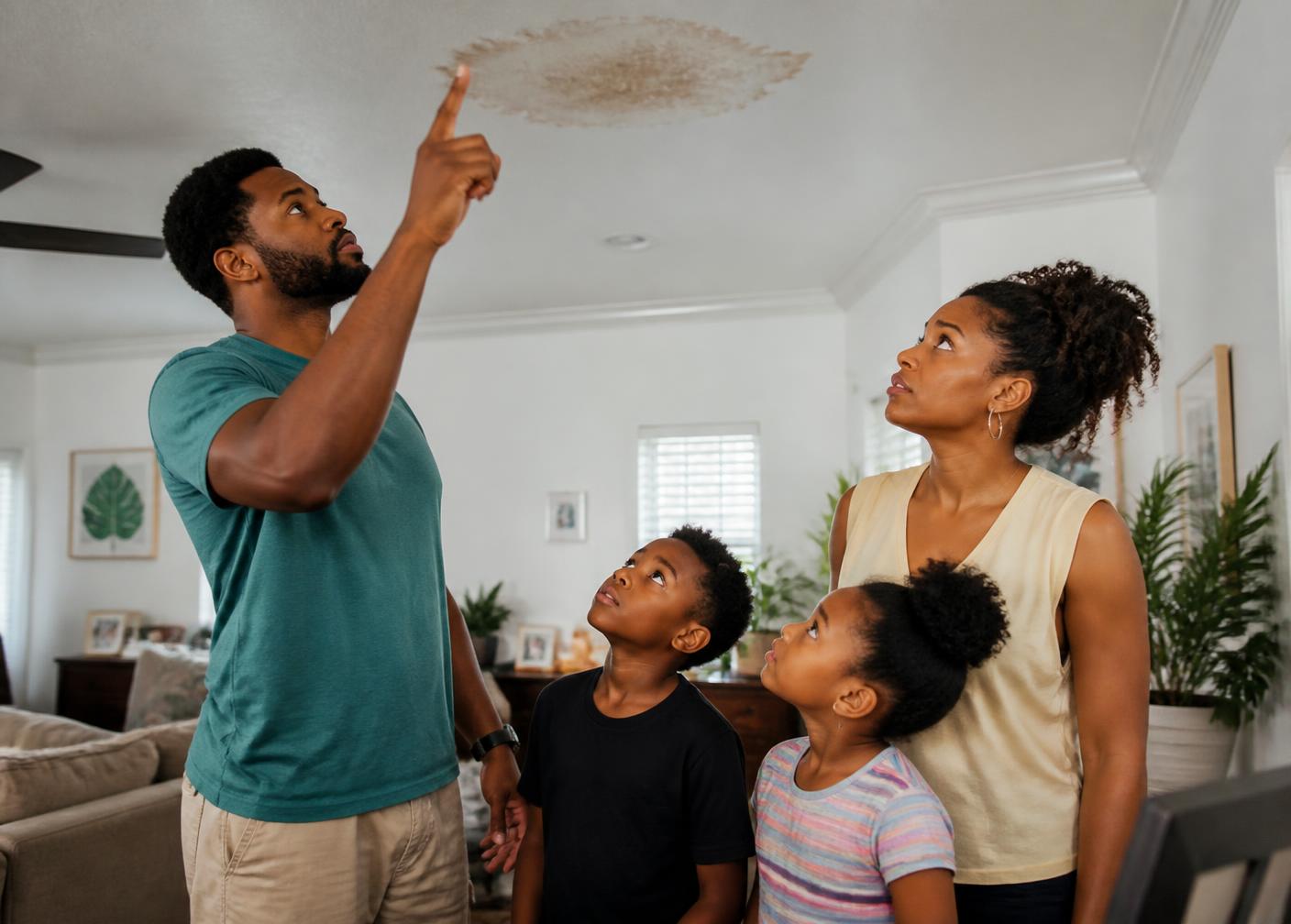Black family in a South Florida home pointing up at a water stain on their ceiling