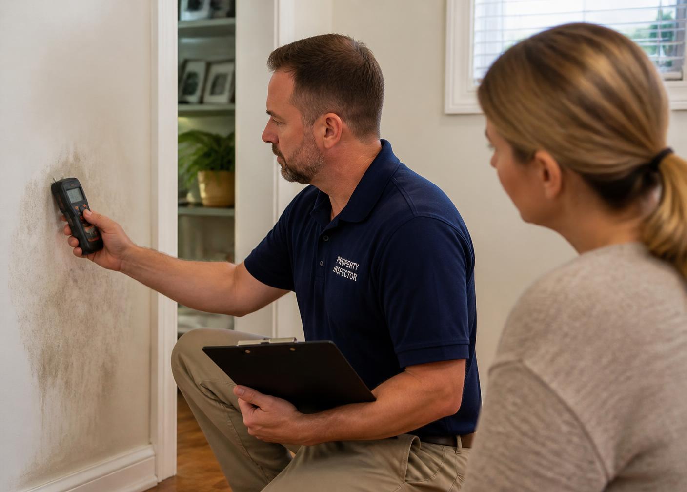 A property inspector using a moisture meter on a wall while a homeowner watches